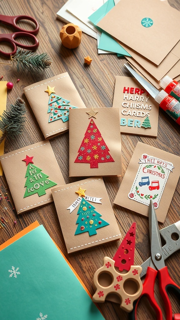 Handmade Christmas cards on a wooden table, featuring brown cardstock and colorful decorations.